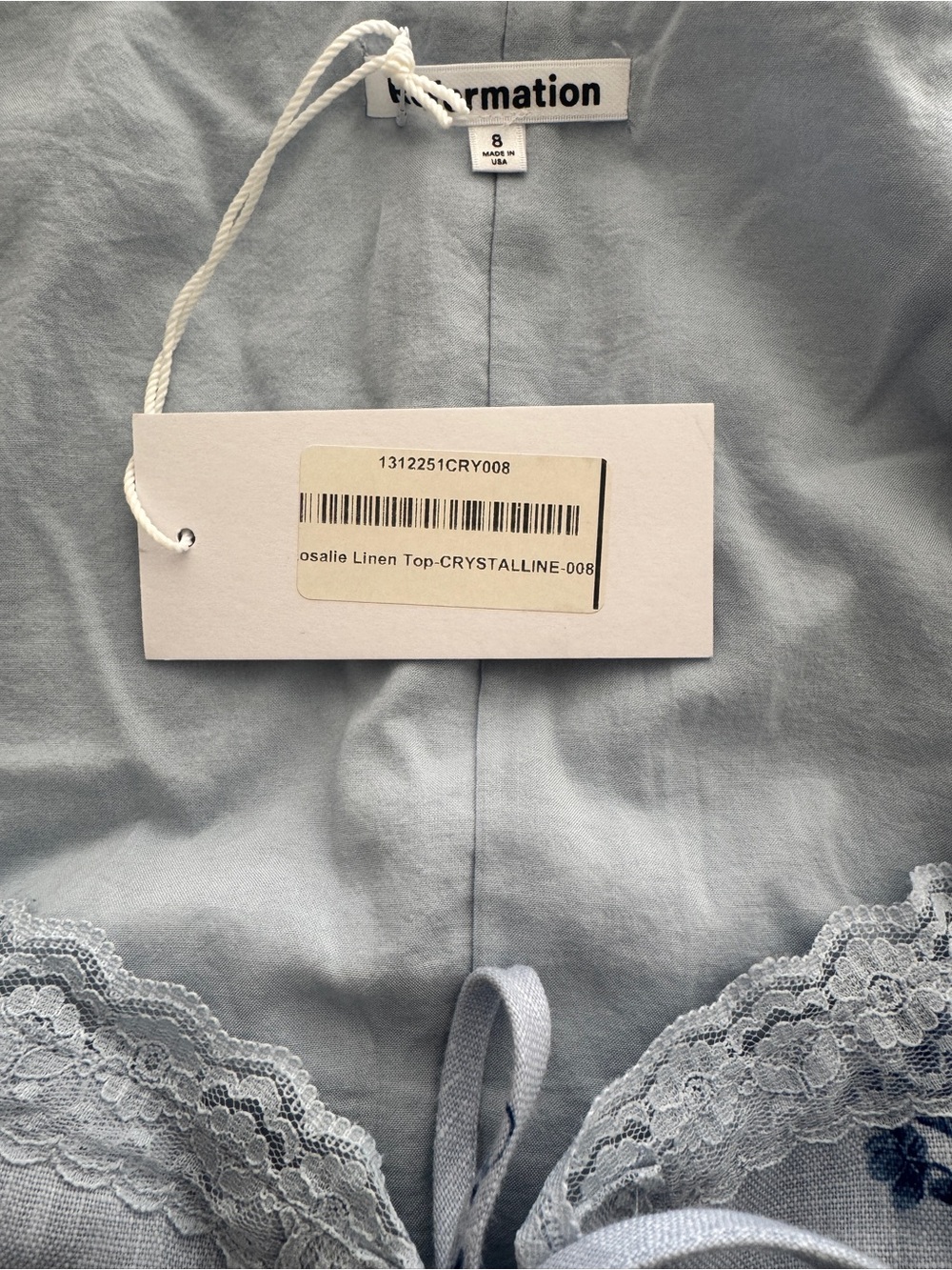 Reformation Rosalie Linen Top NWT Blue Floral Lace-Trim Tie-Front - Picture 2 of 3